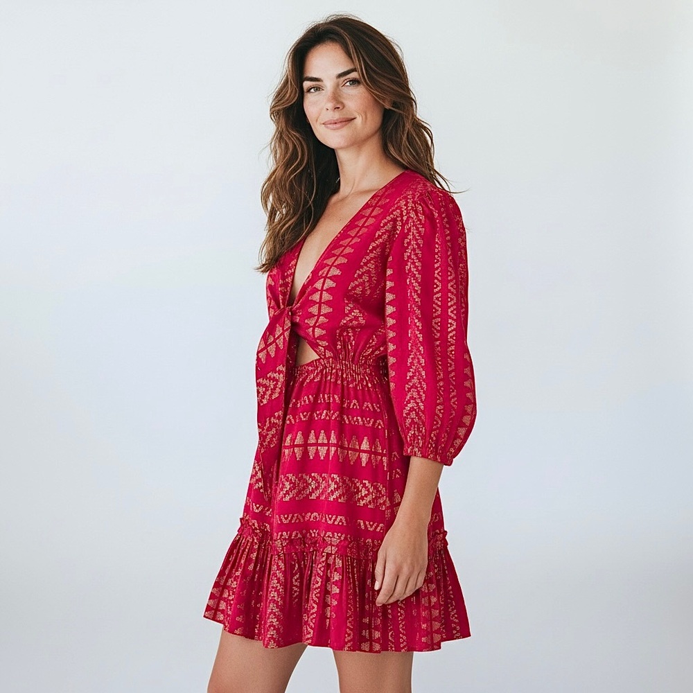 Elan Mini Dress Tie Front Tiered Skirt Red and Gold V-Neck 3/4 Sleeve Elastic
